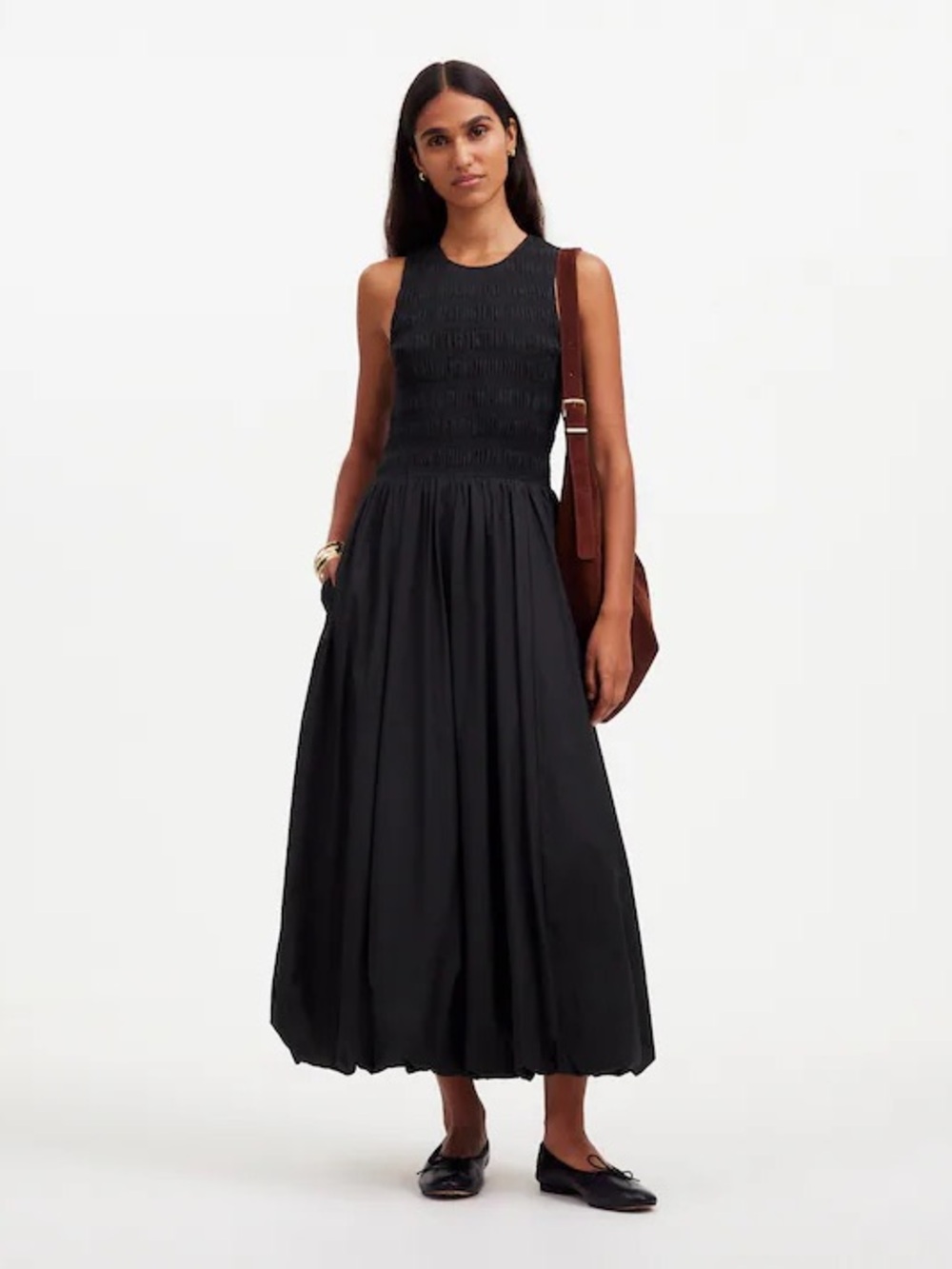 Madewell The Melody Bubble-Hem Smocked Midi Dress in Poplin Black Small